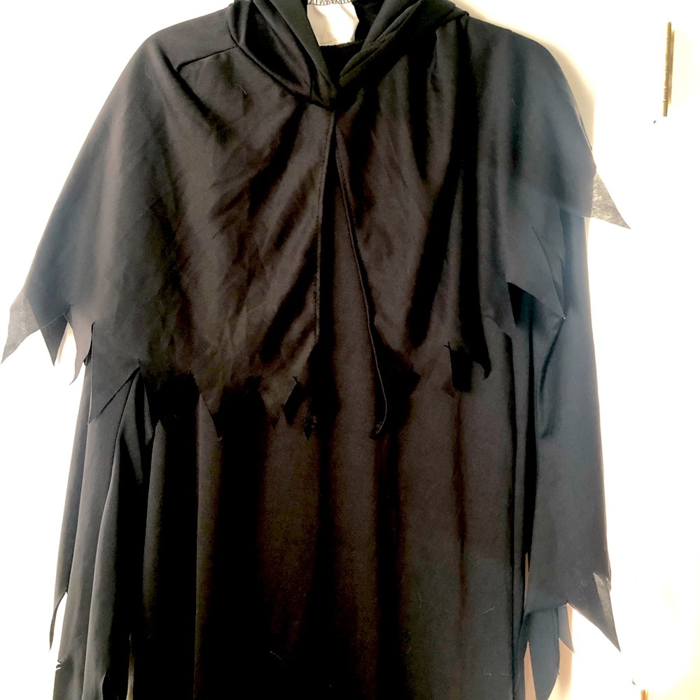 Kids large grim reaper Halloween costume.  Black, polyester.  2 pieces